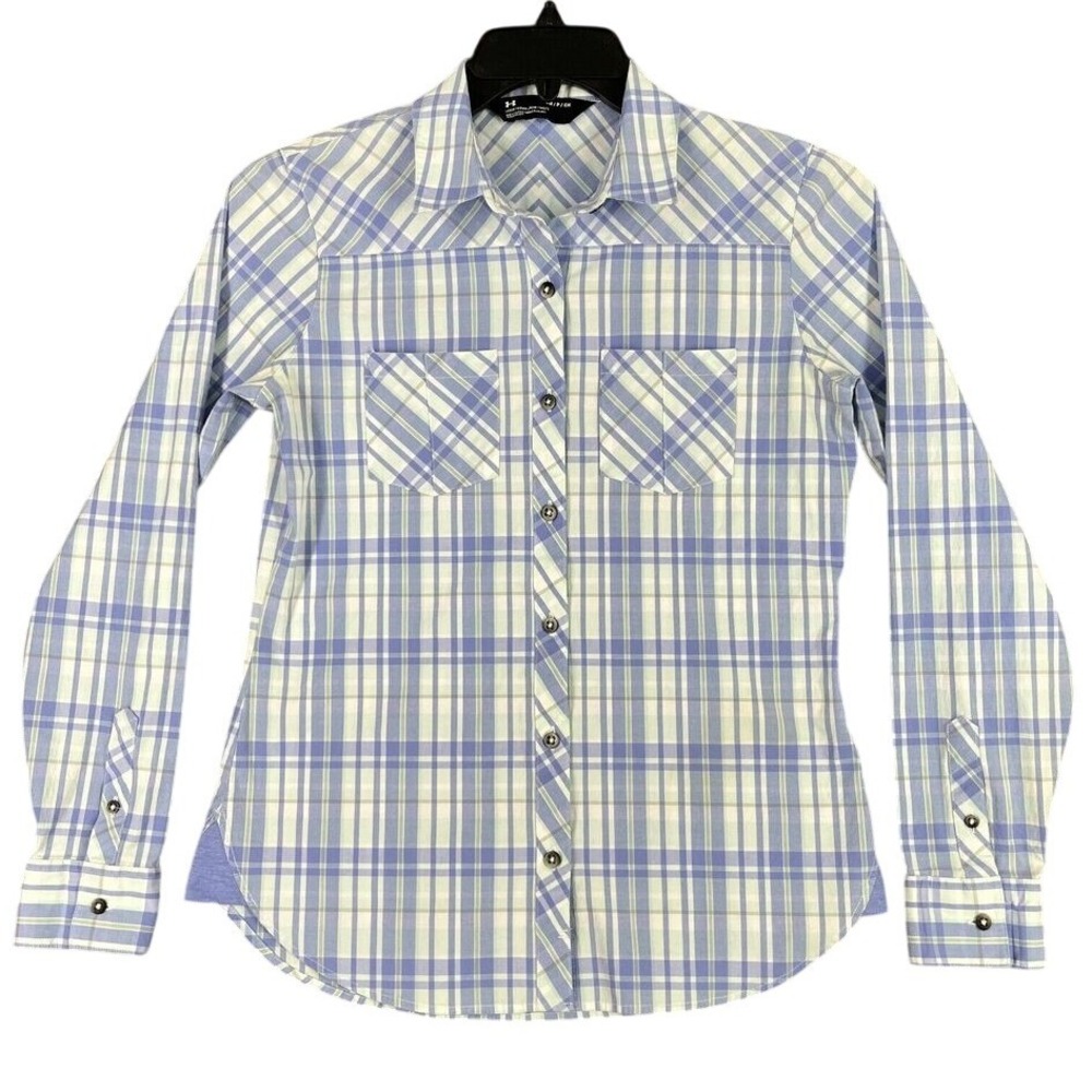 UNDER ARMOUR SHIRT‎ WOMENS S BLUE PLAID BLOUSE LOOSE FIT COLLAR BUSINESS CASUAL